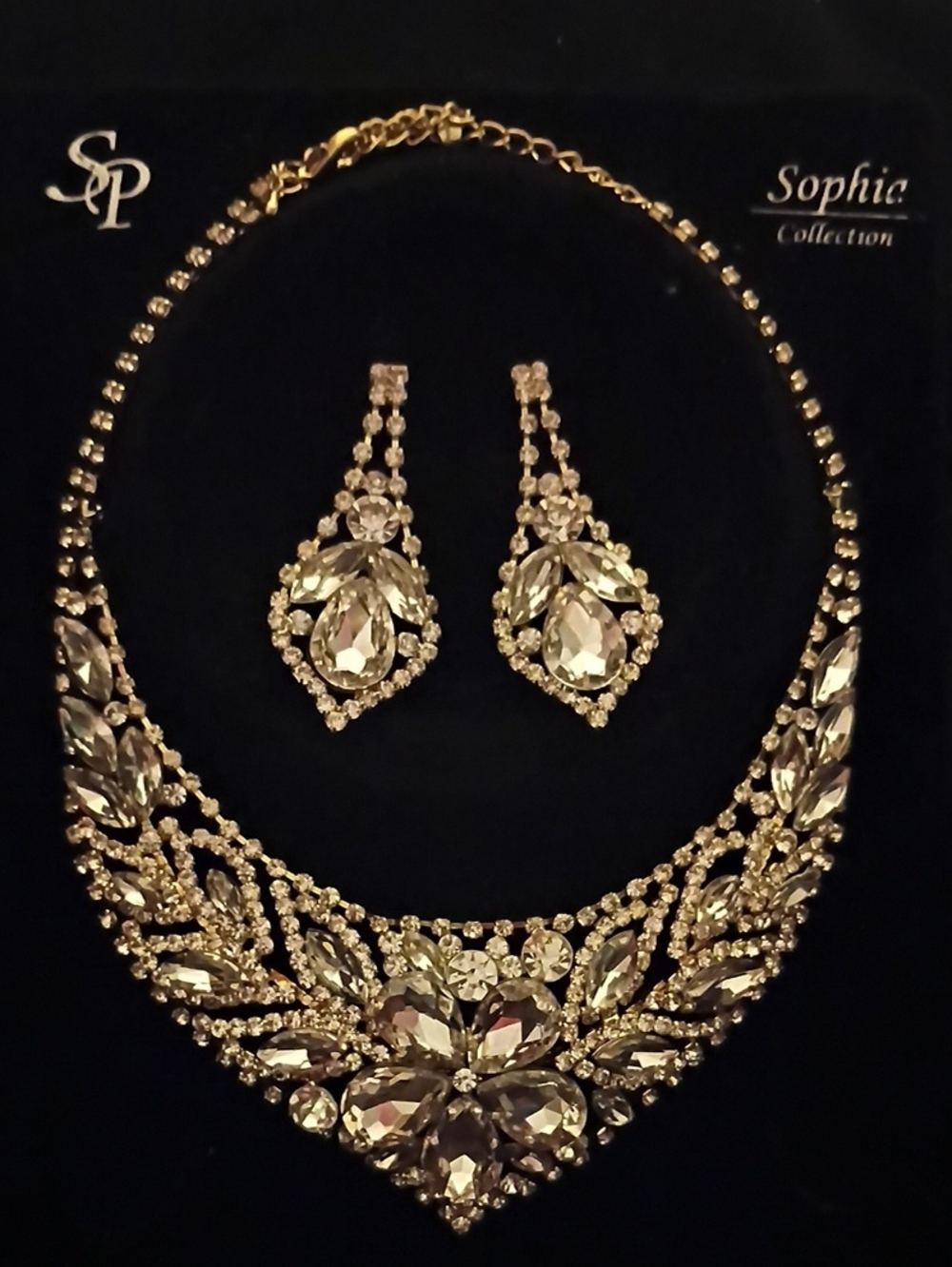 Sophia Collection Gold Crystal Bib Necklace with Matching Earrings